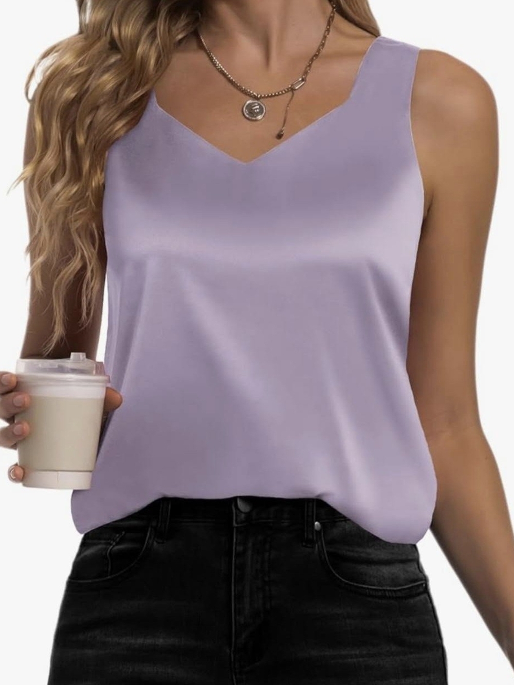Sleeveless V-Neck Satin Blouse in Light Purple